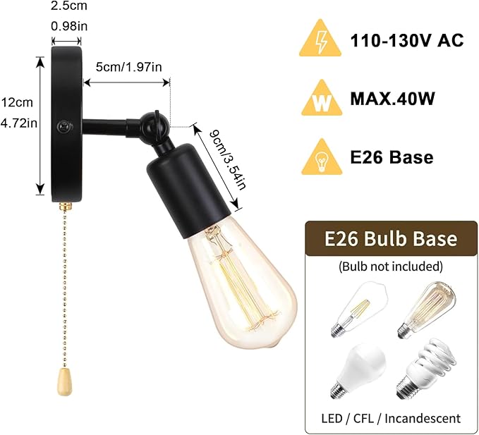 2-Pack Pull Chain Wall Sconce Adjustable, Hardwired Wall Light Fixtures with Switch Indoor E26 Small Black Sconces with Pull Switch for Kitchen Bedroom Hallway, No Bulb