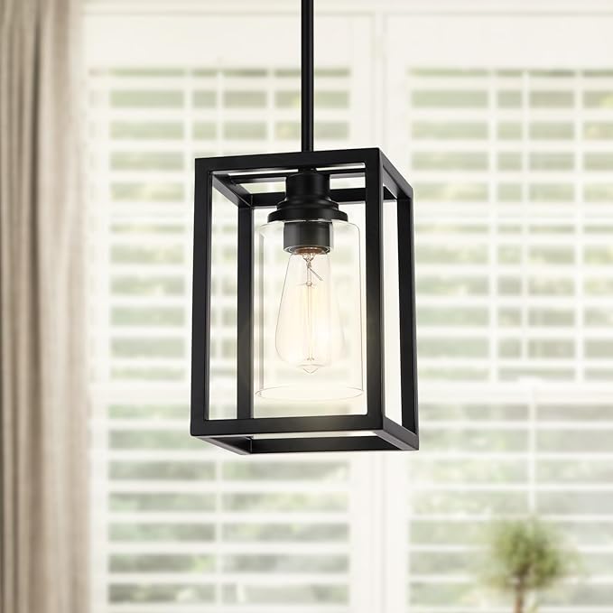 Matte Black Farmhouse Pendant Light Fixtures, Pendant Lights for Kitchen Island, Rectangle Linear Metal Hanging Lighting Fixture Ceiling Mount with Clear Glass Shade E26 Base for Dining Room, 3 Pack