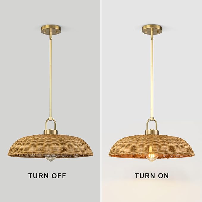 Lingkai 18.1'' Farmhouse Weaving Rattan Chandelier, Coastal Chandelier Hand Woven Rattan Dome Pendant Lighting Fixture Boho Natural Basket Hanging Light for Living Room Kitchen Dining Room