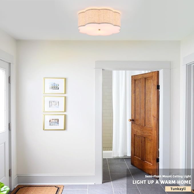 18" Modern Flush Mount Ceiling Light, 3-Light Large Gold Ceiling Fixture with Beige Linen Drum Shade, Flower Design Ceiling Lamp for Dining Room, Bedroom, Nursery, Entryway