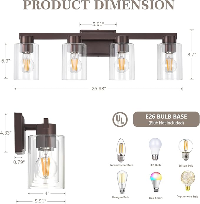 4-Light Bathroom Light Fixtures Modern Oil Rubbed Bronze Vanity Lights with Clear Glass Shade 26 Inch Wall Sconces Over Mirror for Bathroom,Powder Room, Living Room