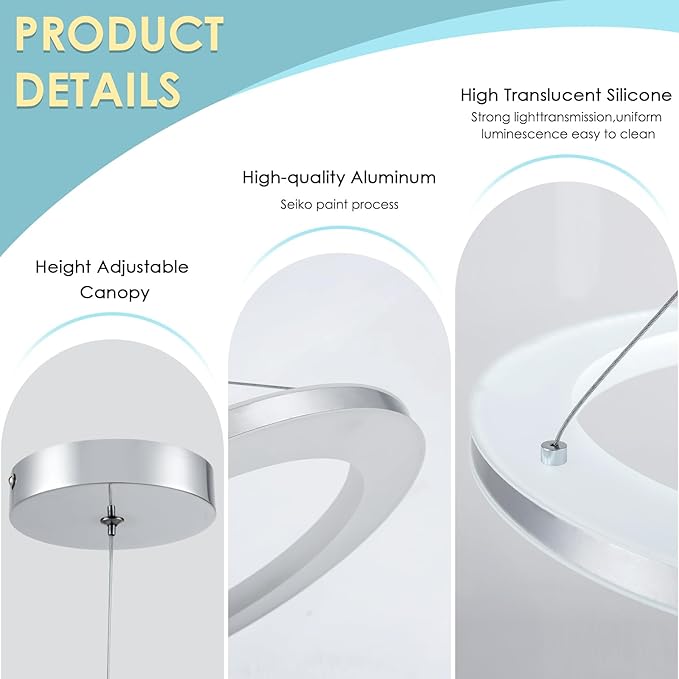 CHYING 3 Pack LED Modern Pendant Lights Kitchen Island, 11.8" 15W Cool White Ring Chandelier, Adjustable Height Silver Hanging Pendant Ceiling Light for Dining Room Bedroom Hallway Entryway, 6500K