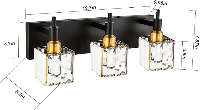 Modern Crystal Bathroom Vanity Light 3-Light Brass Wall Light Fixtures Over Mirror Black and Gold Vanity Lighting for Bathroom Square Shade Brass Wall Sconce