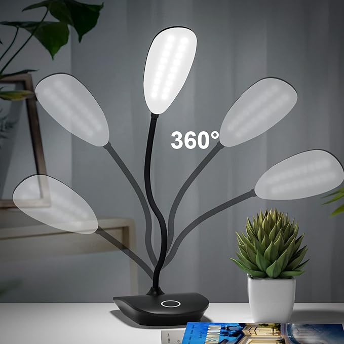 DEEPLITE Battery Operated Desk Lamp, LED Desk Light 3 Lighting Modes Stepless Dimming, Table Lamp 5W Touch Control Eye Caring, Flexible Gooseneck, Portable Reading Light for Dorm Study Office Bedroom