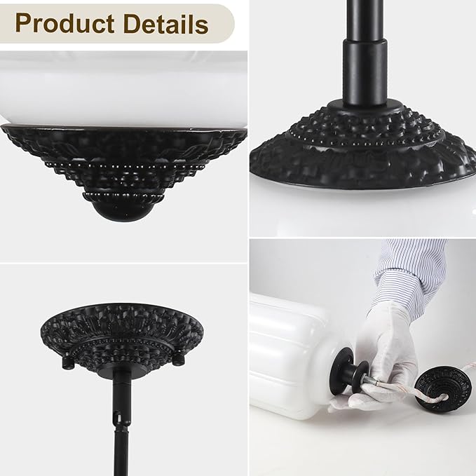Vintage Milk Glass Pendant Light, 5.5" Semi Flush Mount Pendant Light, Black Finish Milk Glass Hanging Light Fixture for Kitchen, Dining Room, Bedroom, Hallway, Bathroom(White, 1 Pack)