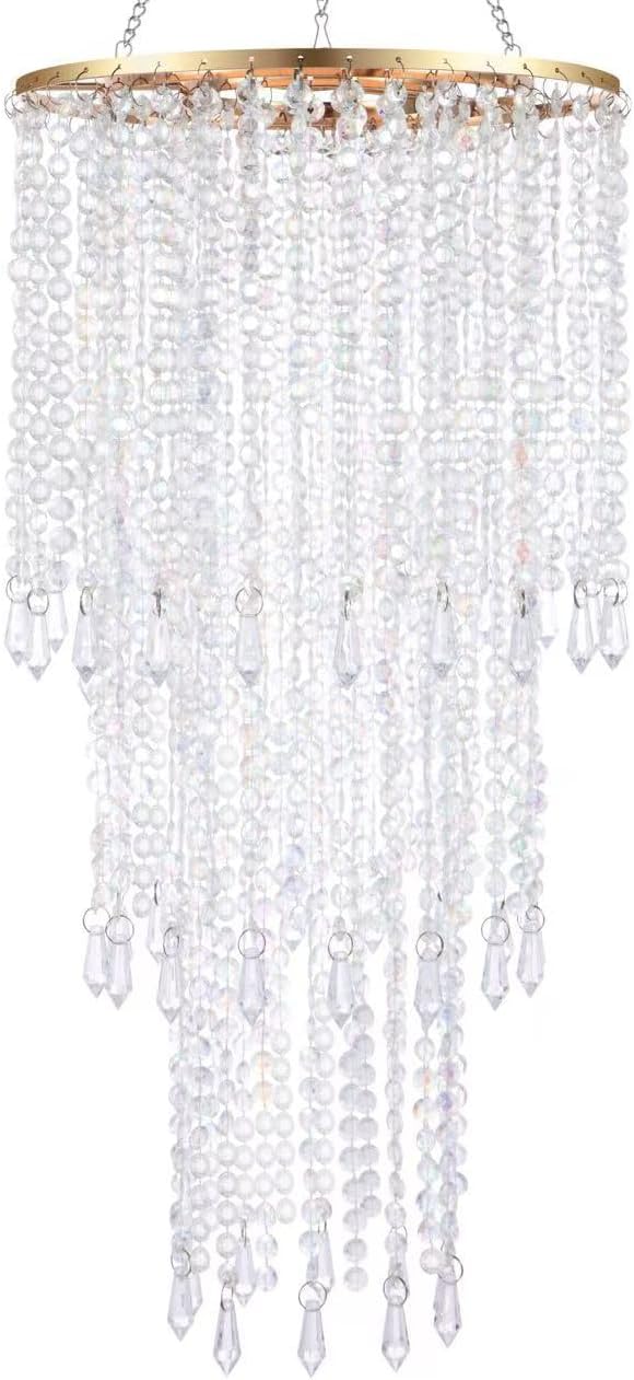 FlavorThings Modern Chrome Beaded Hanging Chandelier (W10.25 x H20”)，3 Tiers Beads Pendant Shade Gold Frame, Ceiling Chandelier Beaded Lampshade with Acrylic Jewel Droplets (H20Gold)