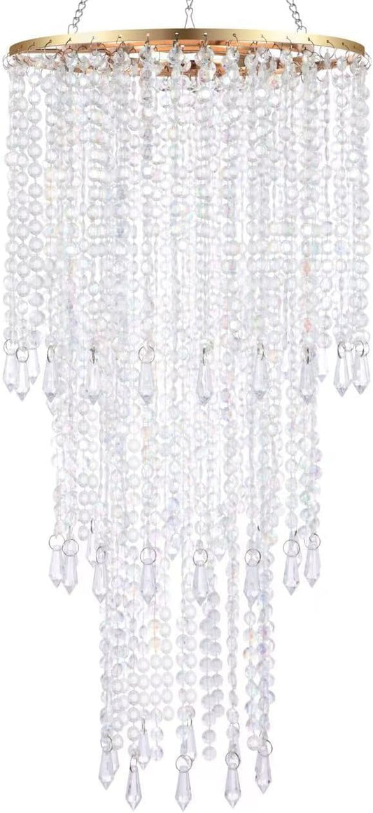 FlavorThings Modern Chrome Beaded Hanging Chandelier (W10.25 x H20”)，3 Tiers Beads Pendant Shade Gold Frame, Ceiling Chandelier Beaded Lampshade with Acrylic Jewel Droplets (H20Gold)