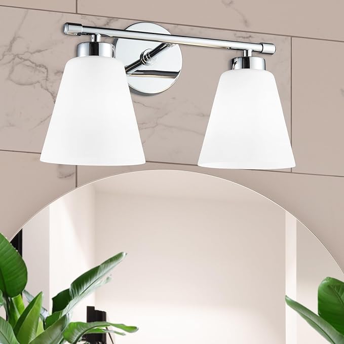 Hamilyeah Modern Chrome Bathroom Vanity Light Fixture Over Mirror, 2 Light Vanity Lighting Fixture with Frosted Glass Shade, Silver Wall Sconce Lighting for Bath, Bedroom, Kitchen, Hallway