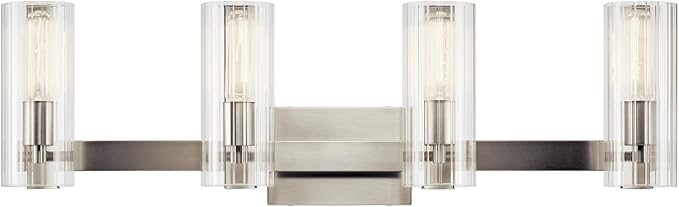 Kichler Jemsa 4-Light Bathroom Vanity Light Fixture with Clear Fluted Glass in Brushed Nickel, Modern Wall Mount Light for Bathroom or Powder Room (9.75" x 32"), 55169NI