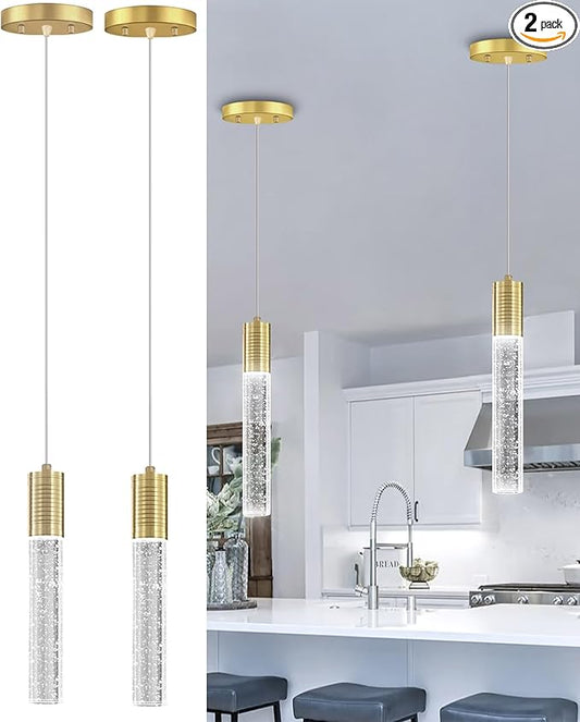 HAIXIANG Set of 2 Pendant Lights for Kitchen Island, White Light, Gold Crystal Linear Pendant Lighting, Bar Corner LED Light Fixture
