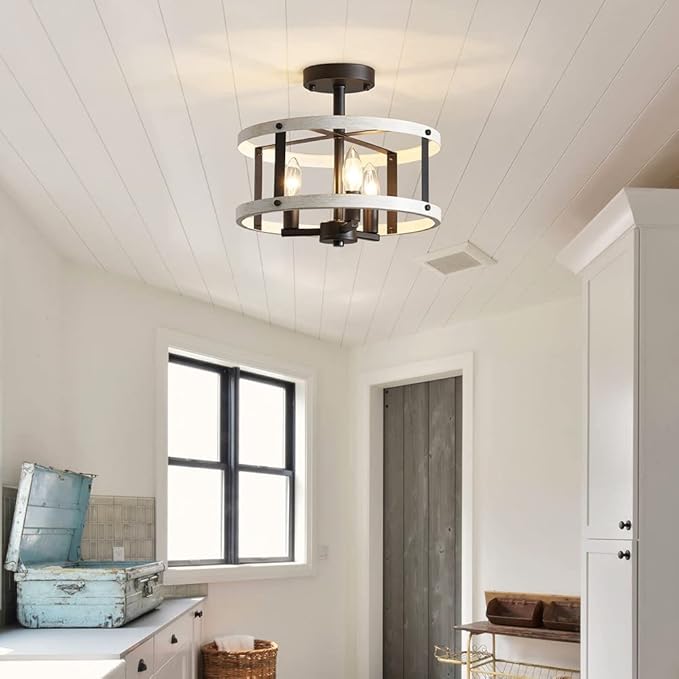 AGV LIGHTING Farmhouse Semi Flush Mount Ceiling Light Fixture There-Light Close to Ceiling Light, White Ash Wood Texture with Black Bronze Finish