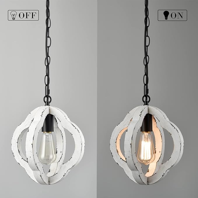 SAMTEEN Farmhouse Wood Pendant Light Distressed White Wood Chandelier Lighting with Adjustable Chain Wooden Hanging Light Fixtures for Kitchen Island Dining Room Bedroom