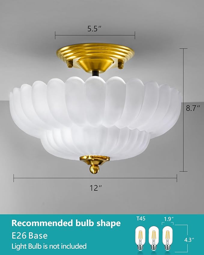 3-Light Vintage Semi Flush Mount Ceiling Light, Frosted Milk Glass Flower Shade with Gold Brass Finish, Elegant Retro Ceiling Light Fixture for Bedroom Hallway Entryway Kitchen