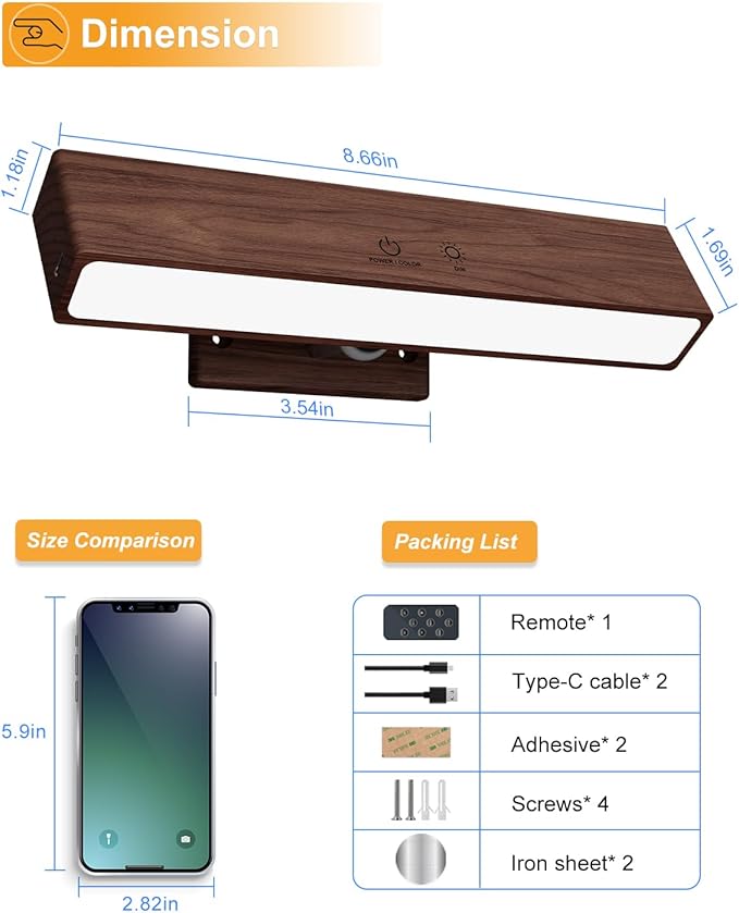 Rechargeable Wood Wall Sconce (2 Pack) with Remote & Touch, 5200mAh Battery Operated Wall Lights with 3 Color Temperatures & RGB. Magnetic, Stick-On, Dimmable Wall Reading Lamp for Bedroom, Picture