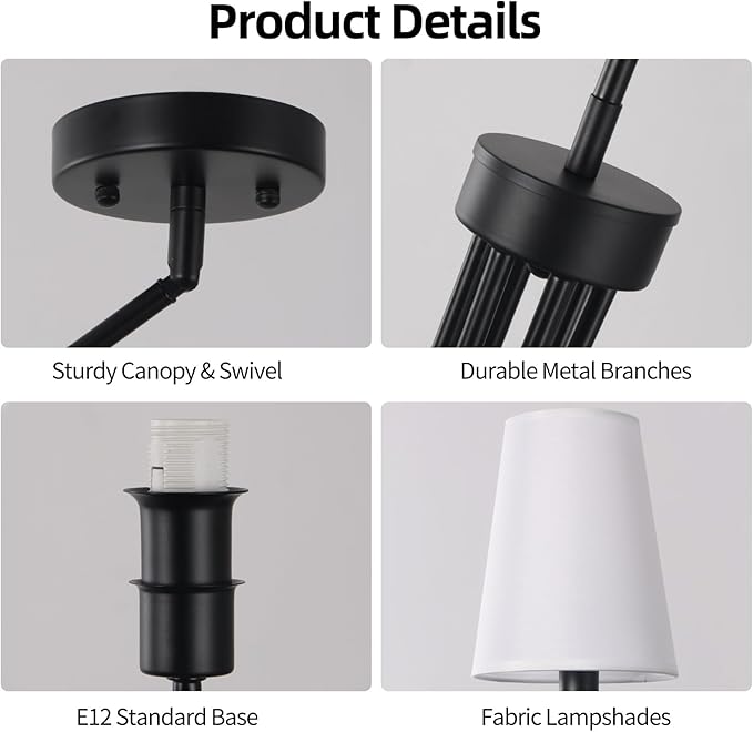 Modern Farmhouse Chandelier Black 6-Light 35.4" Mid Century Dining Room Light with Linen Fabric Shade Adjustable Hanging Ceiling Pendant Light for Kitchen Island Dining Table Bedroom, E12