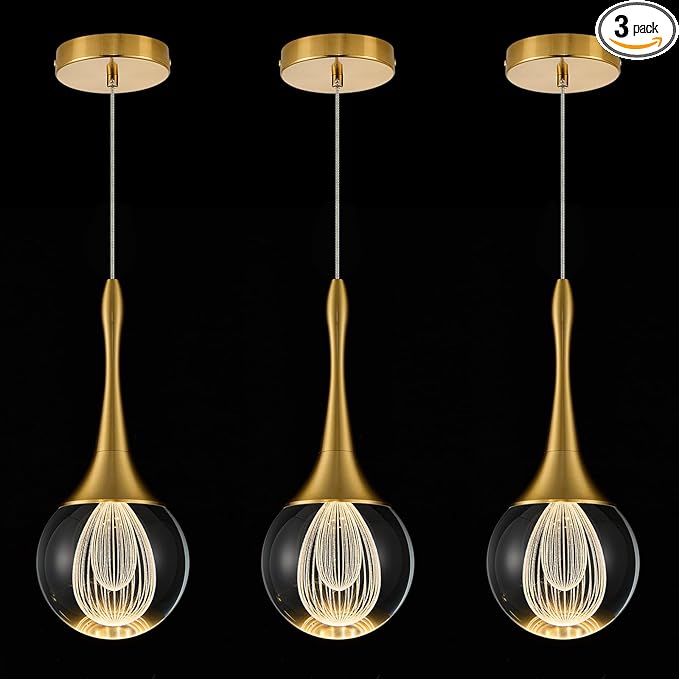 LED Pendant Light Kitchen Island Raindrop Crystal Pendant Lights Dimmable Gold Modern Hanging Light for Bedroom Bathroom Living Room 3000K Warm White, 3 Pack