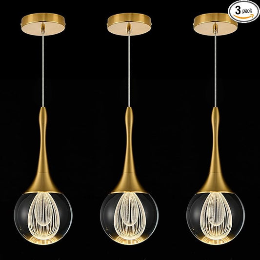 LED Pendant Light Kitchen Island Raindrop Crystal Pendant Lights Dimmable Gold Modern Hanging Light for Bedroom Bathroom Living Room 3000K Warm White, 3 Pack