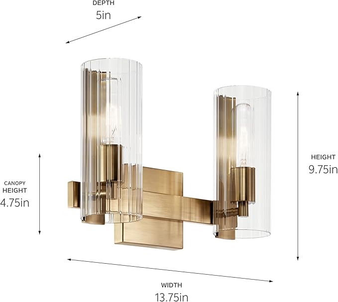 Kichler Jemsa 2-Light Modern Bathroom Vanity Light Fixture with Clear Fluted Glass in Champagne Bronze for Bathroom or Powder Room Wall Mount (9.75 in x 13.75 in), 55167CPZ