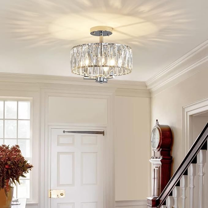 AGV LIGHTING CL003F K9 Crystal Ceiling Light Fixture, Modern Semi Flush Ceiling Lights, Perfect for Living Room, Bedroom, Dining Room, D13 x H15, 3-Light Chrome Finish