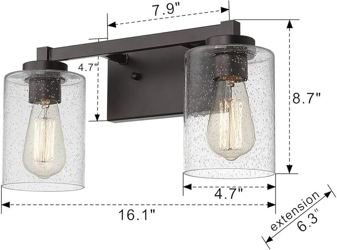 Beionxii 2 Light Bathroom Vanity Lights, Vintage Wall Sconce Oil Rubbed Bronze with Clear Seeded Glass 16" W x 8.75" H - MB9002-2