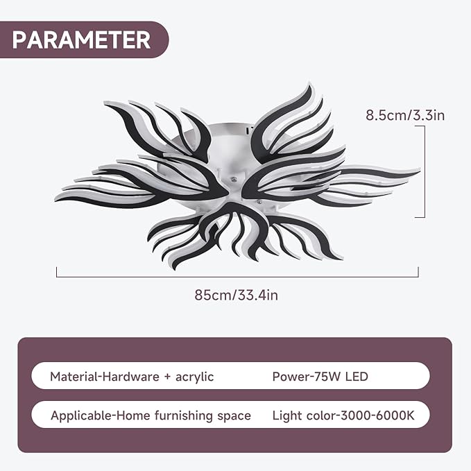 Becailyer 9-Petals Modren LED Ceiling Lights, 75W Dimmable Flower Shape Ceiling Lamp with Remote Control, 33.4" Flush Mount Ceiling Lighting Fixtures for Living Room Dining Room Bedroom Office, Black