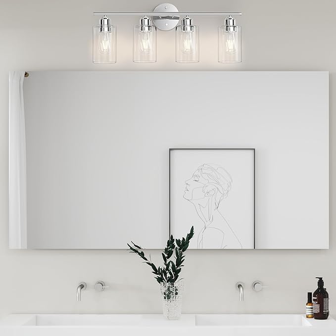 Espird Bathroom Vanity Light Fixtures Polished Chrome,4 Lights Rustic Farmhouse Vanity Bar Lighting Over Mirror Modern Industrial Wall Sconces Lamp with Cylinder Glass Shade