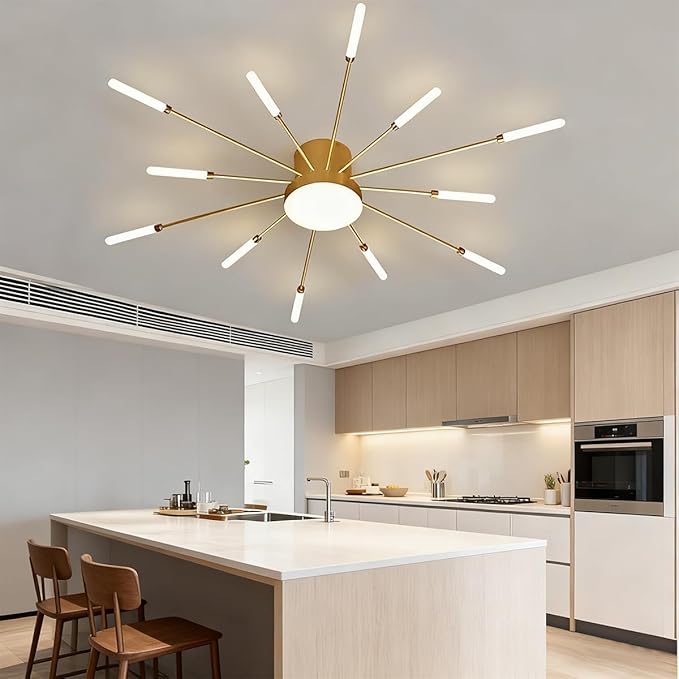 32 Inch LED Ceiling Light Fixture12+1 Lights Modern Flower Flush Mount Ceiling Light 4000K Gold Metal Firework Chandelier for Living Room Dining Room 24W Cascading Ceiling Lamps