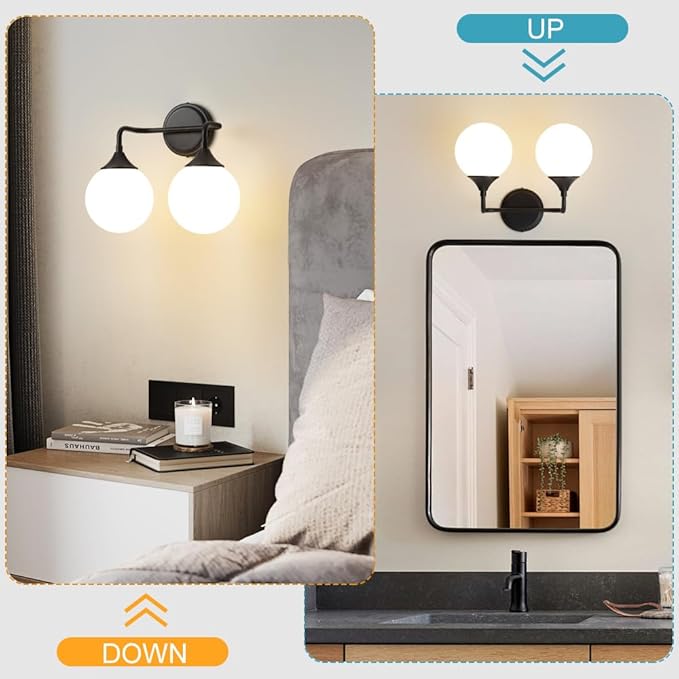 Black Bathroom Light Fixtures, Modern Vanity Lighting Over Mirror, Mid Century Modern Matte Black Wall Sconce 2-Light with Milky White Glass Ball Shades