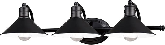 VAXCEL Akron 3-Light 28 inch Wide Oil Rubbed Bronze and Matte White Farmhouse Bathroom Vanity Lighting Fixture, Metal Shade, Dimmable, LED Compatible, Over The Mirror Mounted Steel Wall Sconce