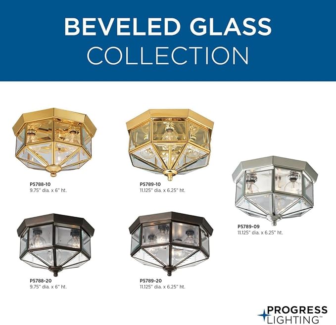 Progress Lighting 3-Light Beveled Glass 9-3/4" Close-to-Ceiling, Indoor, P5788-10, Polished Brass