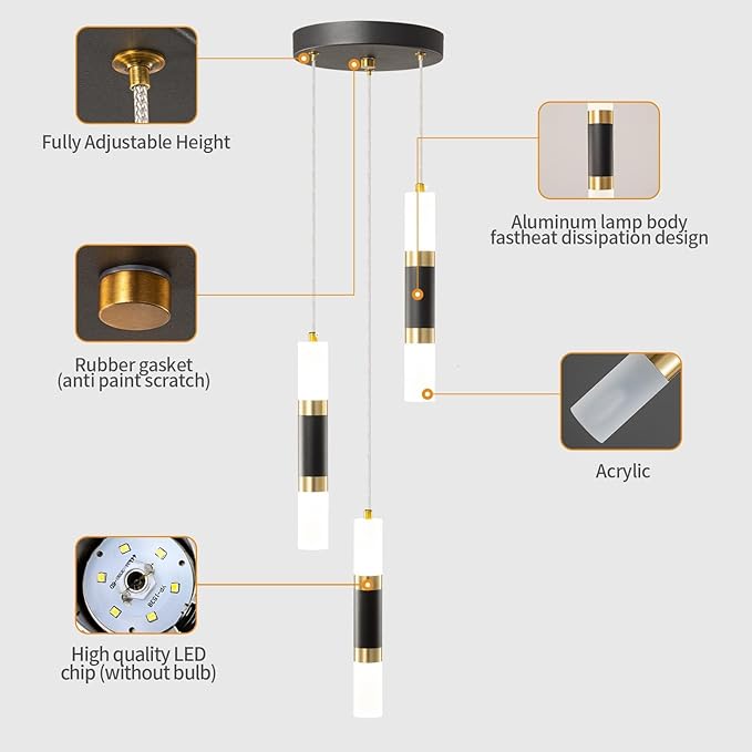 Modern Kitchen Pendant Lighting Over Island Dimmable LED 3 Light Mini Pendant Light, Pendant Lights Kitchen Bedroom Modern Pendant Light Fixtures (Black Gold)