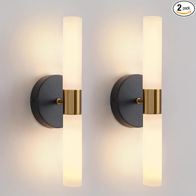 KUZZULL Wall Sconces Set of Two Black and Brass Lamp Sconces Lighting with White Glass Lights Wall Light Sconces Wall Decor Set of 2 for Living Room Wall Scones, Wall Lights