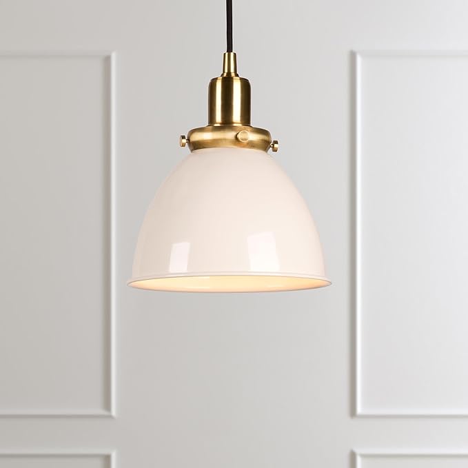 Henn&Hart 8" Industrial Two-Toned Pendant Light Fixture with Pearled White Metal Dome Shade and 8' Adjustable Cord for Kitchen Island, Dining Room or Game Room, Lustrous White/Gold