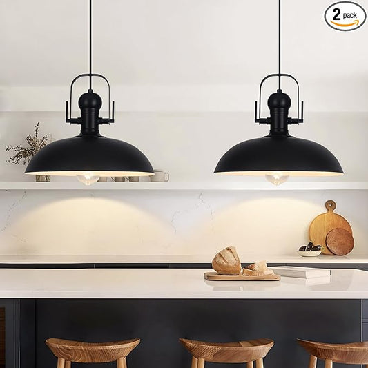 Black Pendant Lights Kitchen Island 2 Pack, Dome Pendant Light 13.8" W, Black Farmhouse Pendant Light for Kitchen Barn Hallway Porch Dining Room