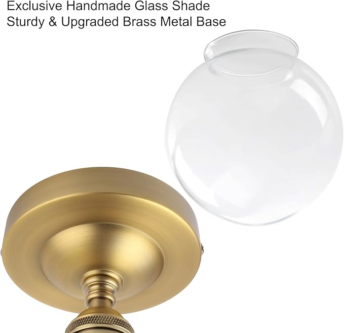 PERMO Semi Flush Mount Ceiling Light Modern Globe Clear Glass Shade Industrial Hallway Light Fixtures for Kitchen, Bathroom, Farmhouse Ceiling Light for Entryway (Antique Gold)