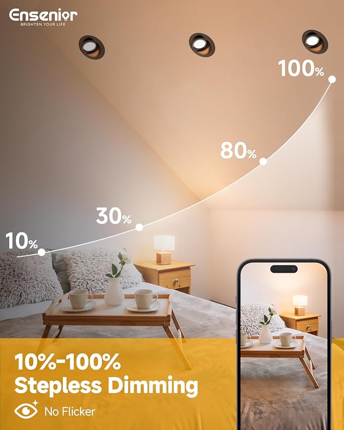 Ensenior 12 Pack 4 inch 5CCT LED Gimbal Led Recessed Light with Junction Box, 360°+90° Adjustable Directional Lighting, Dimmable, CRI90+, 2700K/3000K/3500K/4000K/5000K, 900LM, 10W=85W-ETL&FCC, Black