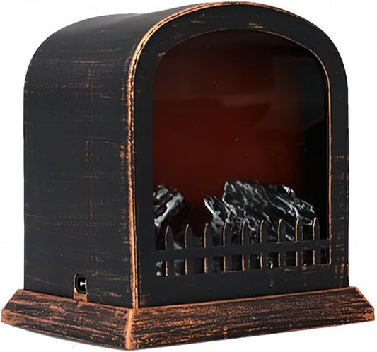 Simulated LED Fireplace Lantern USB & Battery Powered Flameless Light with Emulation Flame Table Decorative Lamp Copper Fireplace Ornament for Cozy Home Decor Free Standing Electric Log Burner