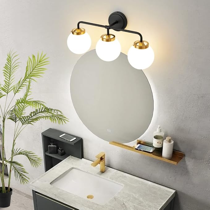 Black Gold Bathroom Light Fixtures Above Mirror, Modern Vanity Lighting with White Glass Globe Shade 3-Light Farmhouse Wall Sconce