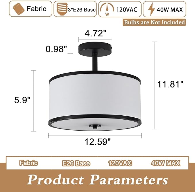 BUXVRCS Semi Flush Mount Ceiling Light Fixture, 3-Light Drum Lighting Fixtures, Hallway Light Fixture Ceiling Mount with Fabric Shade, Close to Ceiling Light for Bedroom Bathroom (Black)