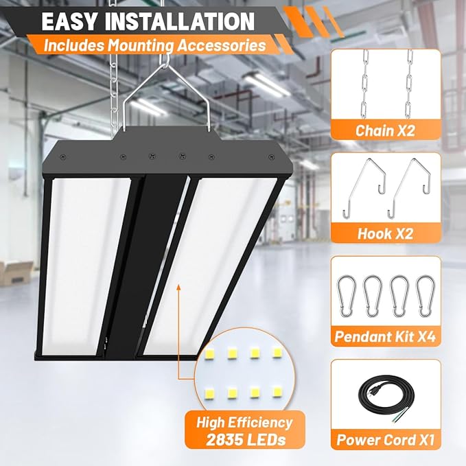 Allsmartlife LED Linear High Bay Shop Light 2-Pack, 5000K Daylight 300W 40500LM 0-10V Dimmable Adjustable Tilt Hanging LED Shop Lighting Fixtures for Garage Warehouse Workshop, ETL