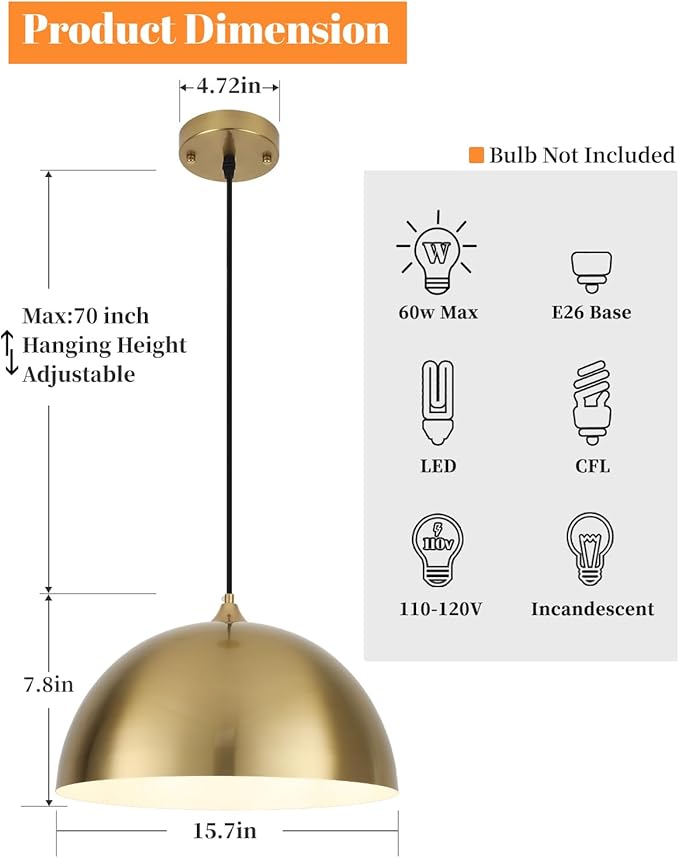 Gold Pendant Light 15.7" Large Pendant Lights Kitchen Island, Farmhouse Dome Pendant Lamp for Hallway Dining Room Bedroom Bar Cafe