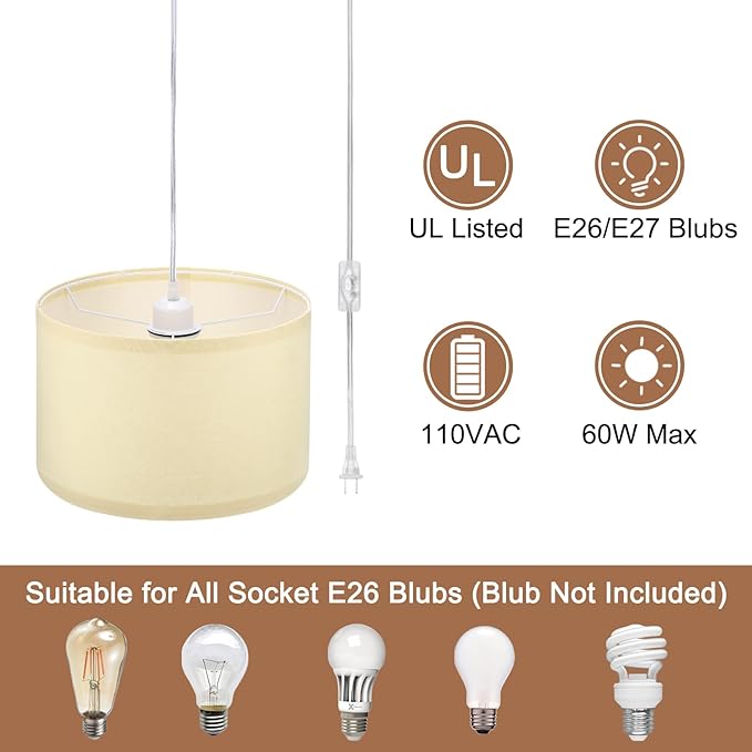 PATIKIL Plug in Pendant Light, 2 Pack 15Ft Rope Cord Hanging Lamp Fixture with ON/Off Switch, Linen Fabric Shade E26/E27 Bulb Socket for Bedroom Kitchen Living Room, Beige Yellow