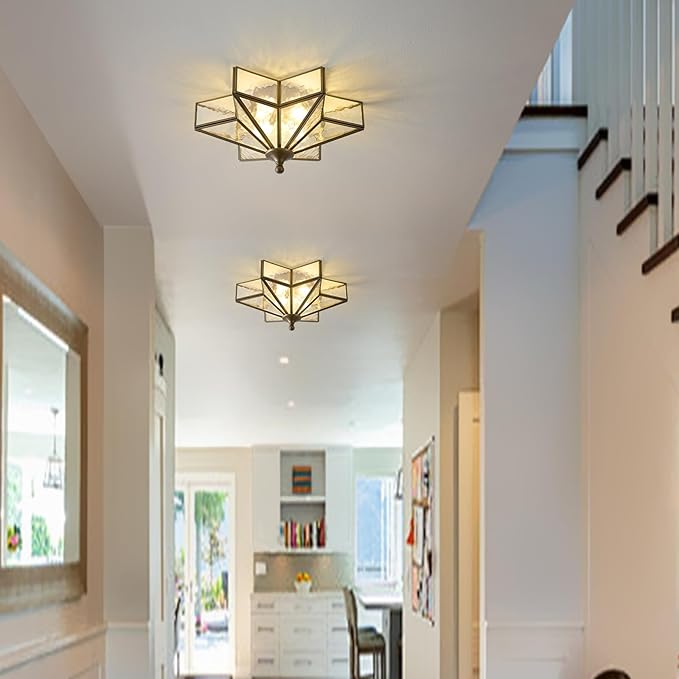 Star Brass Glass Ceiling Light - Small 12 Inch Black Bronze Hammered Flush Mount Fixture - Unique Art Deco Vintage Modern Lighting Lights for Bedroom Dining Entry Hall Hallway Outdoor Porch