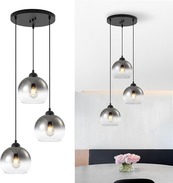 Modern Gradient Smoke Gray Glass Pendant Light,3-Light Globe Adjustable Hanging Pendant Light for Bedroom Kitchen Island Dining Room Stairwell