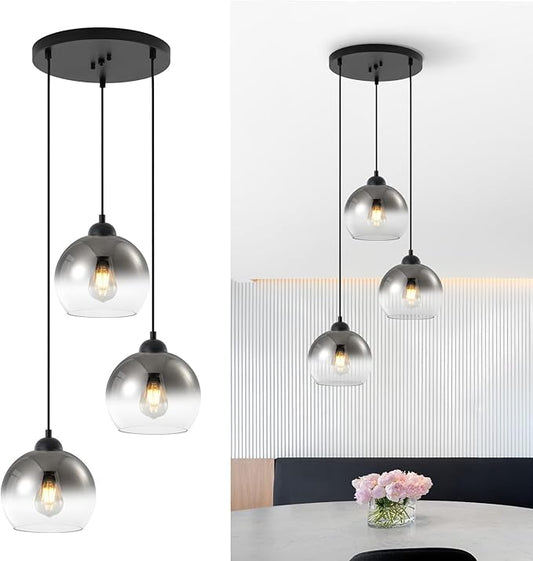Modern Gradient Smoke Gray Glass Pendant Light,3-Light Globe Adjustable Hanging Pendant Light for Bedroom Kitchen Island Dining Room Stairwell