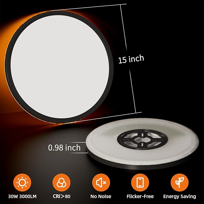 15 Inch LED Flush Mount Ceiling Light with Night Light, 30W 3000LM, 5CCT-2700K/3000K/4000K/5000K/6500K & Dimmable, Black Round Ceiling Light for Bedroom, Kitchen