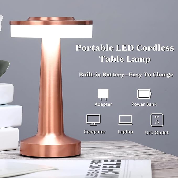 Riakrum 4 Pcs LED Portable Cordless Table Lamp with Touch Sensor 3 Color Stepless Dimming Rechargeable Battery up to 15 Hours Cordless Table Light Wireless Lamp for Nursery (Rose Gold)