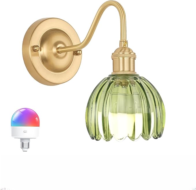 Shenmoyl Vintage Battery Operated Wall Sconce, 5000mAh Rechargeable Wall Light, Indoor Battery Powered Wall Lamp for Bedside Bedroom Living Room, Tulip Green