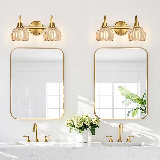 Bathroom Light Fixtures, 2-Light Brushed Gold Vanity Lights for Bathroom with Ribbed Amber Tulip Glass Shade, Vanity Lights Over Mirror for Bedroom, Living Room, Hallway