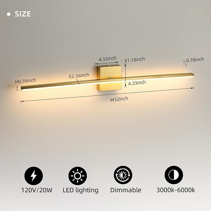 Modern Bathroom Vanity Light 32 Inch, 20W Brushed Brass Bathroom Light Fixture Over Mirror, Dimmable 5CCT LED Wall Sconce Lighting for Restro